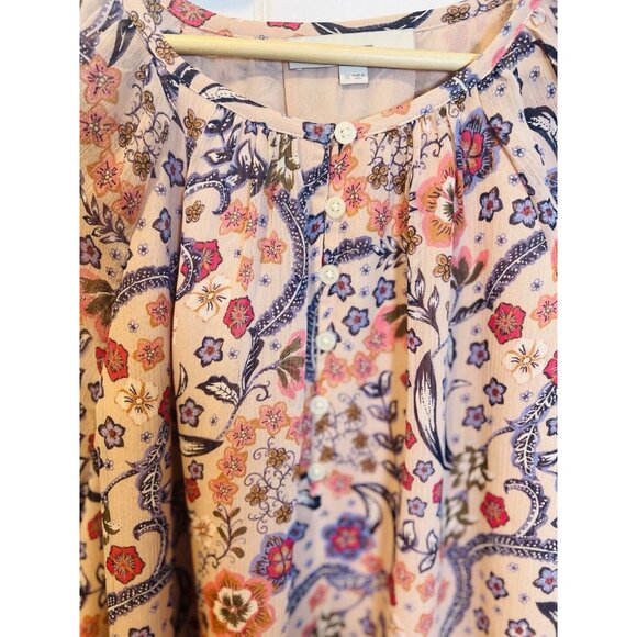 Loft Bloom Bubble Sleeve Henley Top XL Floral Lined Pink Round Neck Buttons - Picture 4 of 6